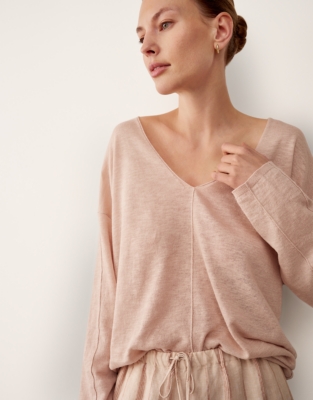 Linen Cotton Deep V-Neck Jumper - Linen Pink