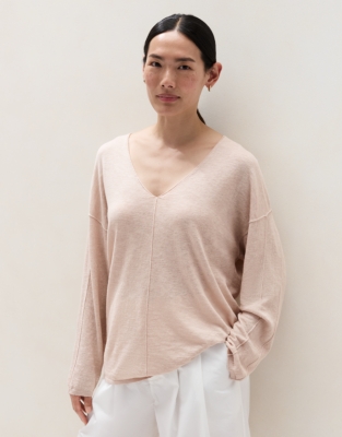 Linen Cotton Deep V-Neck Jumper - Linen Pink