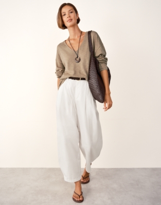 Linen Cotton Deep V-Neck Jumper - Olive