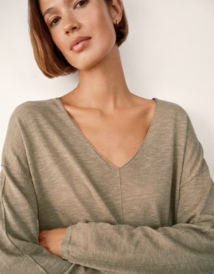 Linen Cotton Deep V-Neck Jumper - Olive