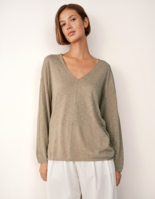 Linen Cotton Deep V-Neck Jumper - Olive