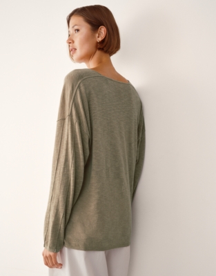 Linen Cotton Deep V-Neck Jumper - Olive
