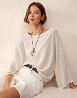 Linen Cotton Oversized Batwing Jumper - Scandi White