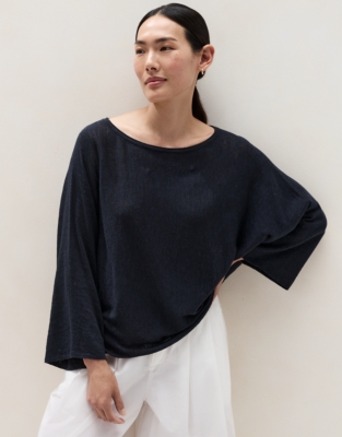 Linen Cotton Oversized Batwing Jumper - Navy