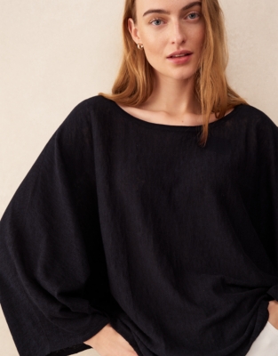 Linen Cotton Oversized Batwing Jumper - Navy