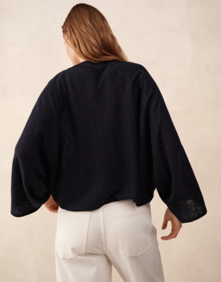 Linen Cotton Oversized Batwing Jumper - Navy