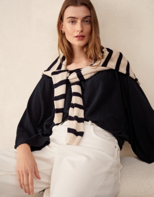 Linen Cotton Oversized Batwing Jumper - Navy