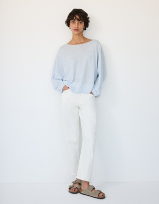 Linen Cotton Slash Neck Batwing Jumper - Linen Blue