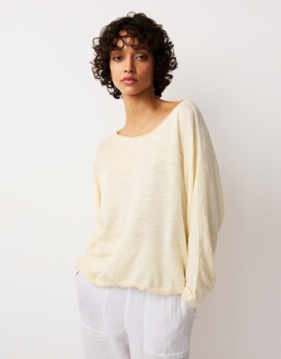 Linen Cotton Slash Neck Batwing Jumper