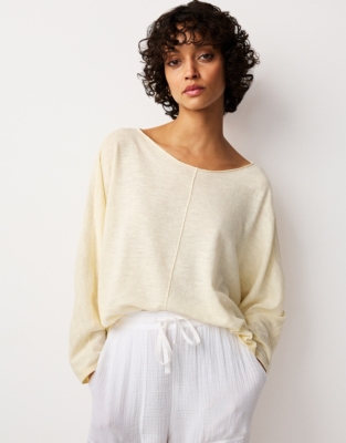 Linen Cotton Slash Neck Batwing Jumper - Lemon