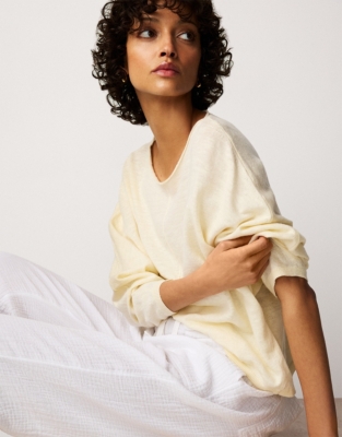 Linen Cotton Slash Neck Batwing Jumper - Lemon