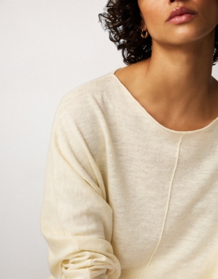 Linen Cotton Slash Neck Batwing Jumper - Lemon