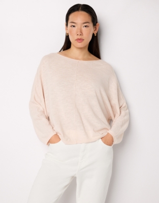 Linen Cotton Slash Neck Batwing Jumper - Shell