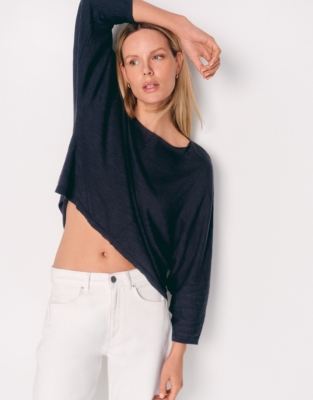 Linen Cotton Slash Neck Batwing Jumper - Ink