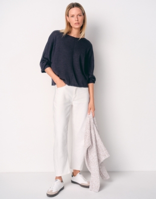 Linen Cotton Slash Neck Batwing Jumper - Ink