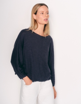 Linen Cotton Slash Neck Batwing Jumper - Ink