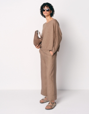 Linen Cotton Slash Neck Batwing Jumper - Mouse