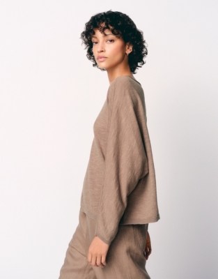 Linen Cotton Slash Neck Batwing Jumper - Mouse