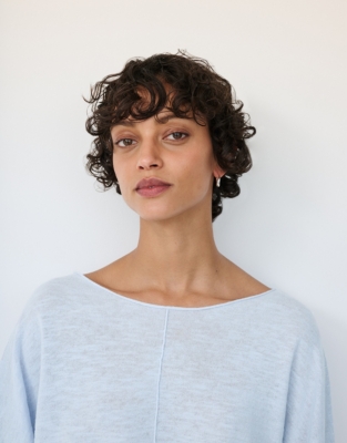 Linen Cotton Slash Neck Batwing Sweater - Linen Blue