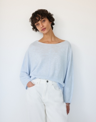 Linen Cotton Slash Neck Batwing Sweater
