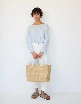 Linen Cotton Slash Neck Batwing Sweater - Linen Blue