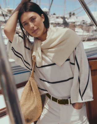 Linen Cotton Stripe Oversized Batwing Jumper
