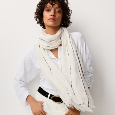 Linen Cotton Stripe Stitch Detail Scarf