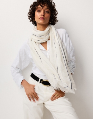 Linen Cotton Stripe Stitch Detail Scarf