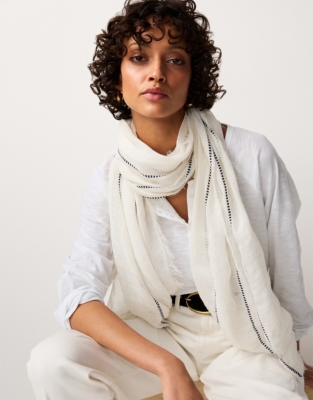Linen Cotton Stripe Stitch Detail Scarf