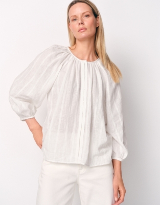 Linen Cotton Textured Stripe Boho Blouse - White