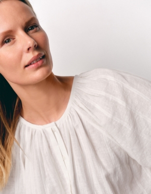 Linen Cotton Textured Stripe Boho Blouse - White