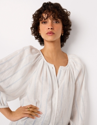 Linen Cotton Textured Stripe Boho Blouse - Blue Stripe