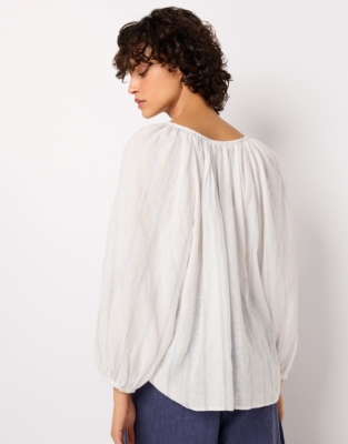 Linen Cotton Textured Stripe Boho Blouse - Blue Stripe