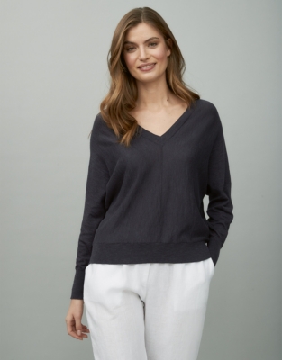 Linen-Cotton V-Neck Batwing Jumper | New In Clothing | The White Company UK