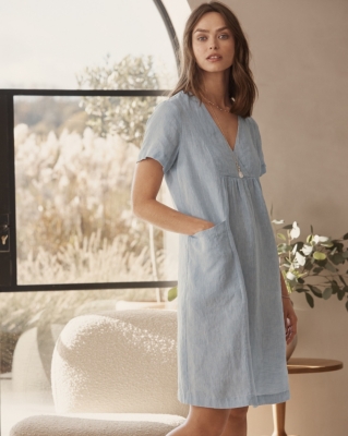 Linen Cross Front Pop Over Dress - Happy Blue