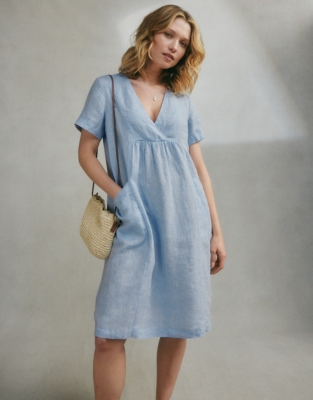 Linen Cross Front Pop Over Dress - Happy Blue