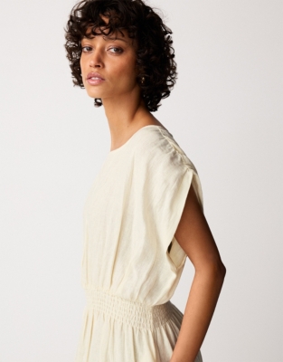 Linen Elasticated Waist Midi Dress - Lemon