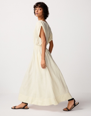 Linen Elasticated Waist Midi Dress - Lemon