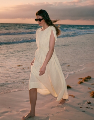 Linen Elasticated Waist Midi Dress - Lemon