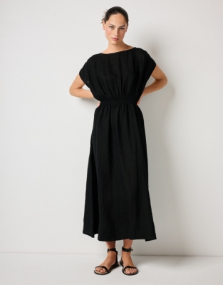 Linen Elasticated Waist Midi Dress - Black
