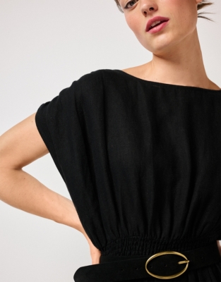 Linen Elasticated Waist Midi Dress - Black