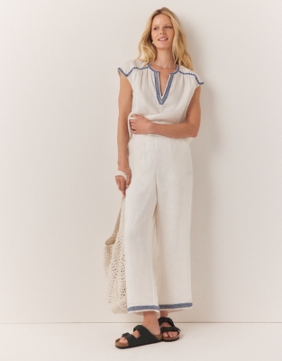 Linen Embroidered Hem Cropped Wide Leg Trousers