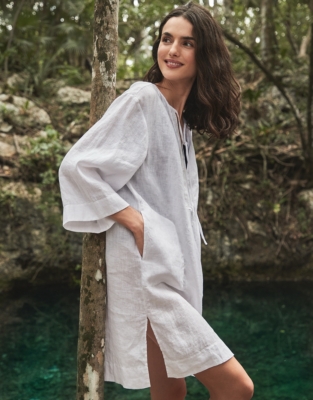 Linen Embroidered Placket Detail CoverUp Clothing Sale The White