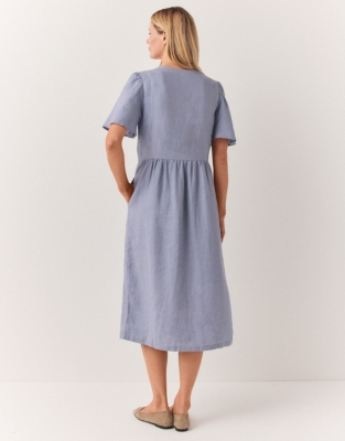 Linen Flute Sleeve Midi Dress - Heather Blue