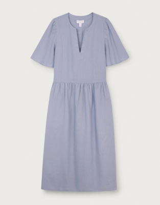 Linen Flute Sleeve Midi Dress - Heather Blue