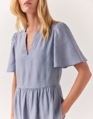 Linen Flute Sleeve Midi Dress - Heather Blue