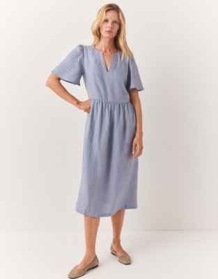 Linen Flute Sleeve Midi Dress - Heather Blue