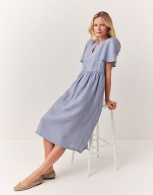 Linen Flute Sleeve Midi Dress - Heather Blue