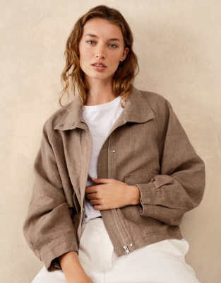 Linen Funnel Neck Jacket - Umber