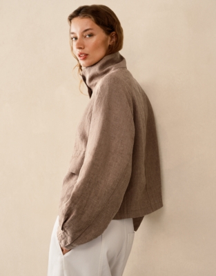 Linen Funnel Neck Jacket - Umber
